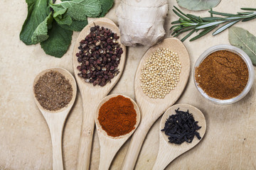 Spices on wooden spoons