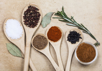 Spices on wooden spoons