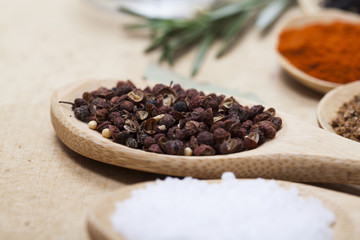 Spices on wooden spoons