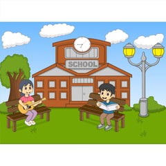 Children reading a book and playing guitar in front of their school cartoon