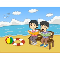 Children reading a book on the beach cartoon