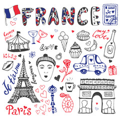 Hand drawn doodles set of France - Eiffel tower, Triumphal arch and other culture elements. Vector collection