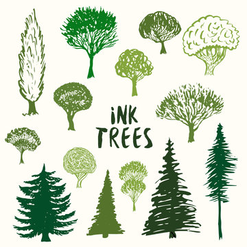 Green trees silhouette vector collection. Hand drawn sketches isolated set.