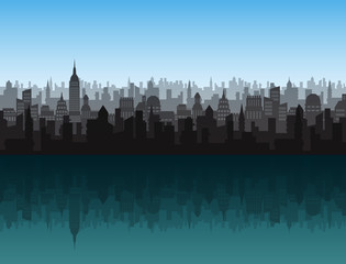 City scape with hight buildings and towers, and its reflection in water - obrazy, fototapety, plakaty