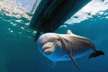 Crédence de cuisine en verre imprimé Dauphin dauphin sous l& 39 eau sous un bateau
