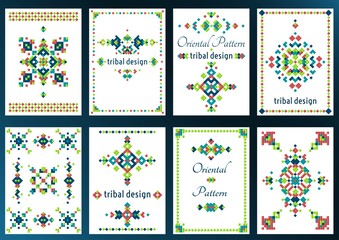 Set of cards with bright tribal geometric ornament. Vector background. Oriental motifs. Modern design elements with text template.