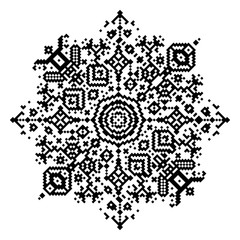 Geometric round element, snowflake or mandala, in pixel art style. Monochrome minimalism abstract symbol. Vector illustration.