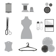 Sewing icons set. Hand-drawn cartoon collection of tailor tools
