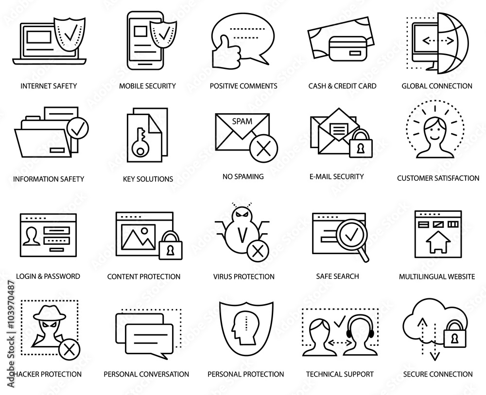 Wall mural computer security and web development flat modern icon set, thin line icon collection