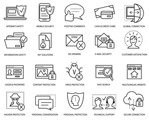 Computer security and Web development flat modern icon set, thin line icon collection