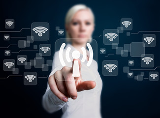 Social network business WiFi woman presses button wi fi