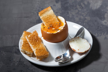 boiled egg and crispy bread on plate