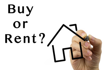Buy or Rent? - Real Estate concept with female hand with text