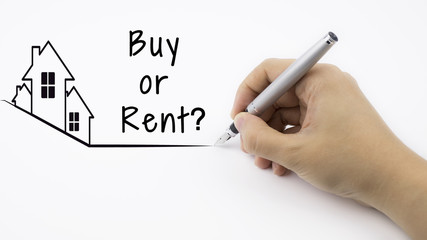 Buy or Rent? - Real Estate concept with female hand with text