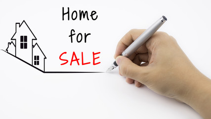 Home For SALE - Real Estate concept with female hand and pen