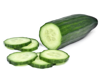 Fresh cucumber, chopped cucumber, isolated on white.