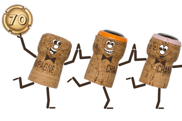 70 Jubiläum - drei tanzende Champagnerkorken