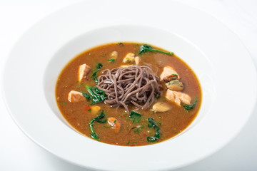 Healthy Miso Soup with buckwheat noodles, turkey and seafood.