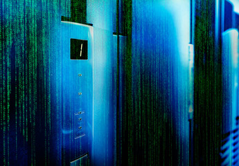matrix code door mainframe screen and status bar blur focus