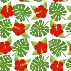 seamless tropical leaves and flowers - monstera and hibiscus