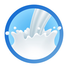 Pouring flowing milk in round frame badge.