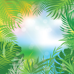 Fototapeta na wymiar Vector tropical jungle background with palm trees and leaves.