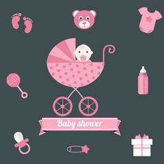 Baby shower icons set, girl pink