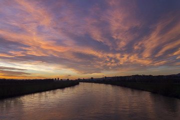 Fototapeta na wymiar Sunset over river Sava in Zagreb