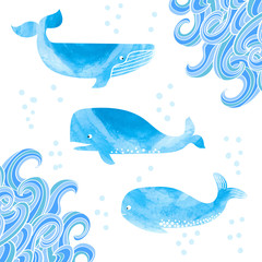 Watercolor whales set. Collection of cute whales isolated on white. Doodle waves corner decor. Vector illustration. 
