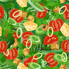 Seamless pattern with vegetable organic food. Seamless background with cucumber, onions, tomato. 
