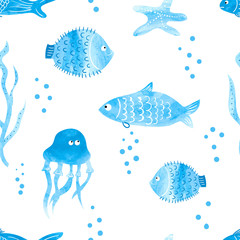 Obraz premium Watercolor fish seamless pattern. Underwater background. Hand drawn jellyfish and fish in blue isolated on white. 