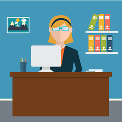 Business concept - woman sitting at the table and working on the computer in the office. Vector illustration, flat style