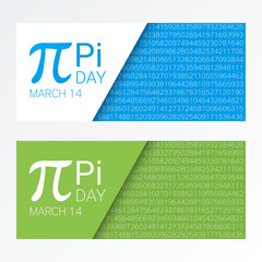 Set of colorful horizontal banners for Pi Day. Pi number, Pi sign,  mathematical constant, irrational number, greek letter. Abstract digital vector illustration.