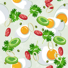 Seamless pattern with vegetable organic food. Seamless background with cucumber, onions, tomato. 