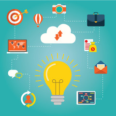 Creative network concept. light bulb surrounded by media icons