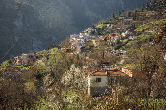 Sliding village Ropoto and church after a landslide in Greece
