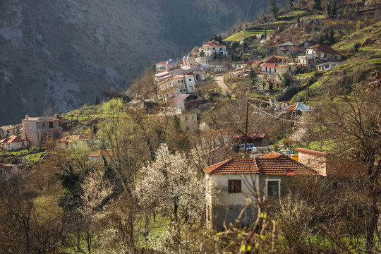 Sliding village Ropoto and church after a landslide in Greece