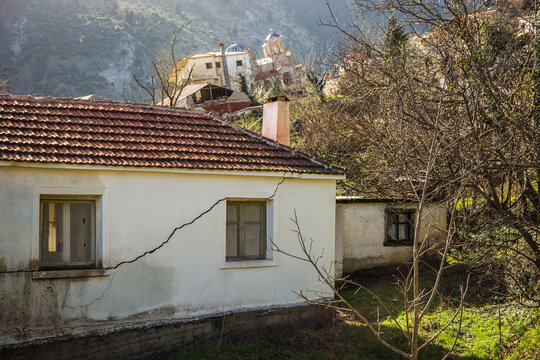 Sliding village Ropoto and church after a landslide in Greece