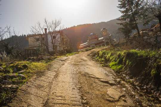 Sliding village Ropoto and church after a landslide in Greece