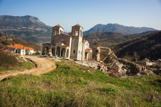 Sliding village Ropoto and church after a landslide in Greece