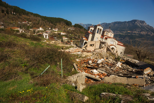 Sliding village Ropoto and church after a landslide in Greece
