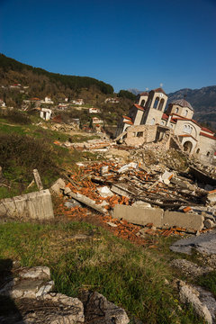 Sliding village Ropoto and church after a landslide in Greece