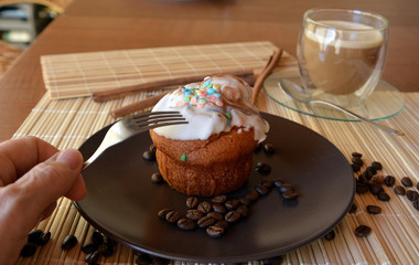 Fresh Homemade Muffin On A Plate And Cup Of Coffee. Closeup.