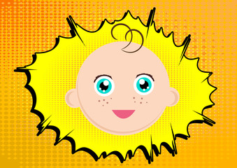 Baby face on comic book abstract background