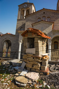 Sliding village Ropoto and church after a landslide in Greece