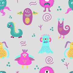 Cute monsters seamless pattern. Vector background with abstract funny creatures.