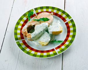 Poached salmon with vegetables