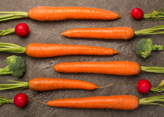 Karotten, Radieschen und Broccoli naß auf einer Granitplatte arrangiert, Draufsicht