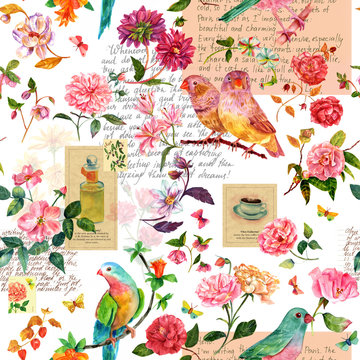 Vintage collage seamless background pattern with birds, flowers and butterflies