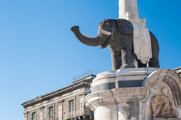 The famous lava stone statue of an elephant and its obelisk in Catania, Sicily, the symbol of the...